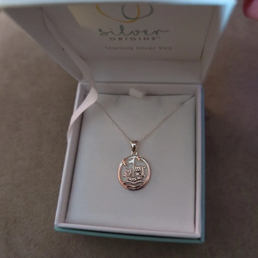 Origins Owl & Cat Gold‎ Plated Moon Star Sterling Silver Necklace Pendant